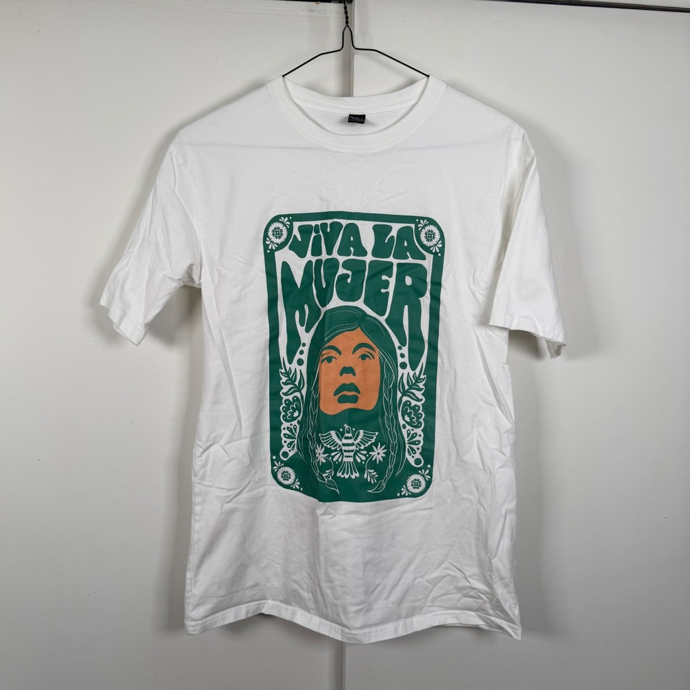 SHEIN Viva La Mujer Graphic Oversized White T-Shirt Green Orange Print